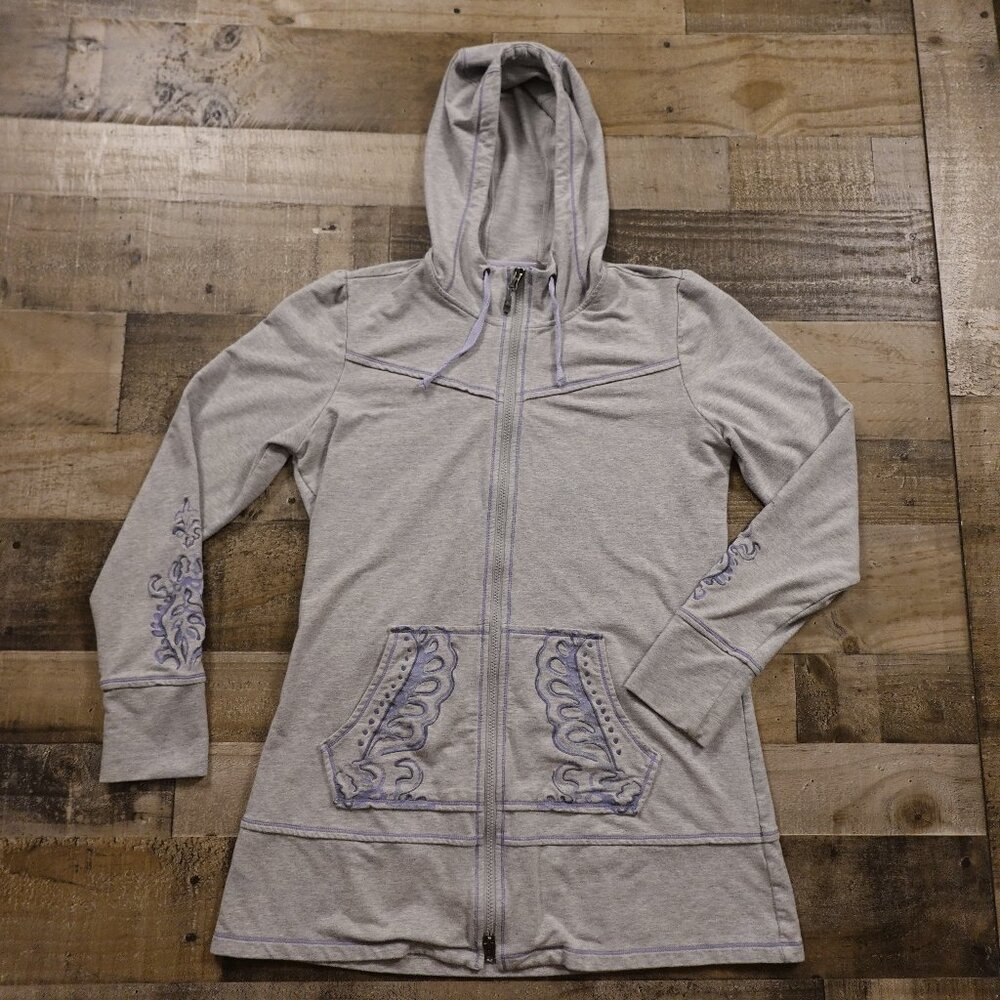 Athleta Women’s Size Large Gray Full Zip Longline Hoodie Embroidered Detail